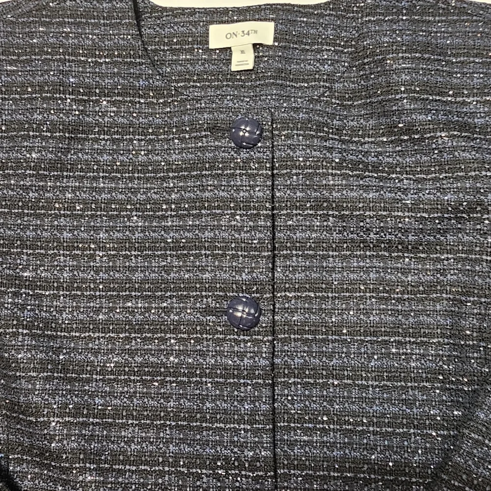 On 34Th Blue Metallic Tweed Collarless Pockets Blazer Womens Jacket Size XL